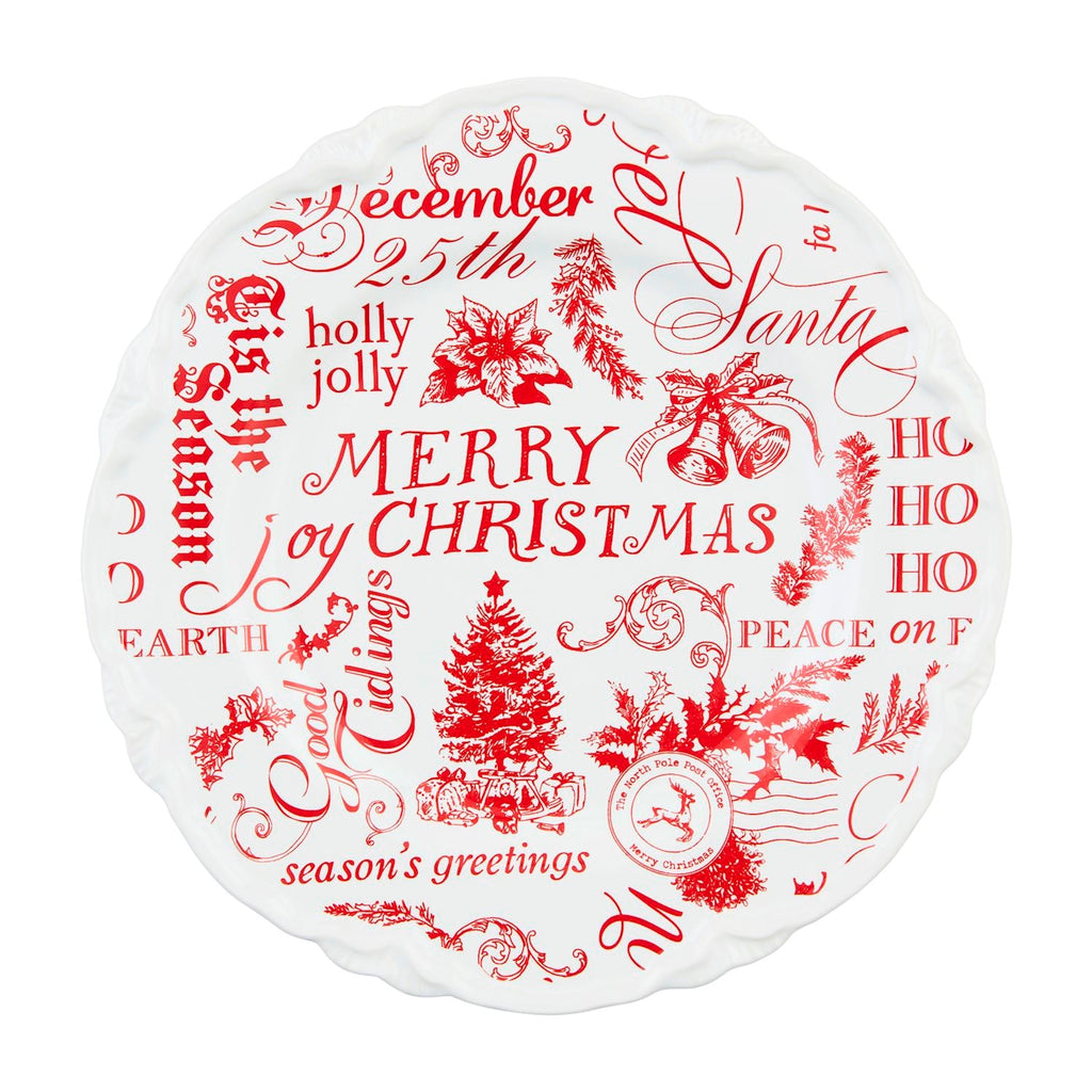 Red Toile Word Print Christmas Stoneware Dessert Plate