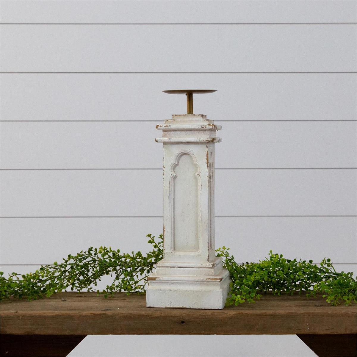 Distressed White Wooden Pillar Candle Holder | 2 Sizes