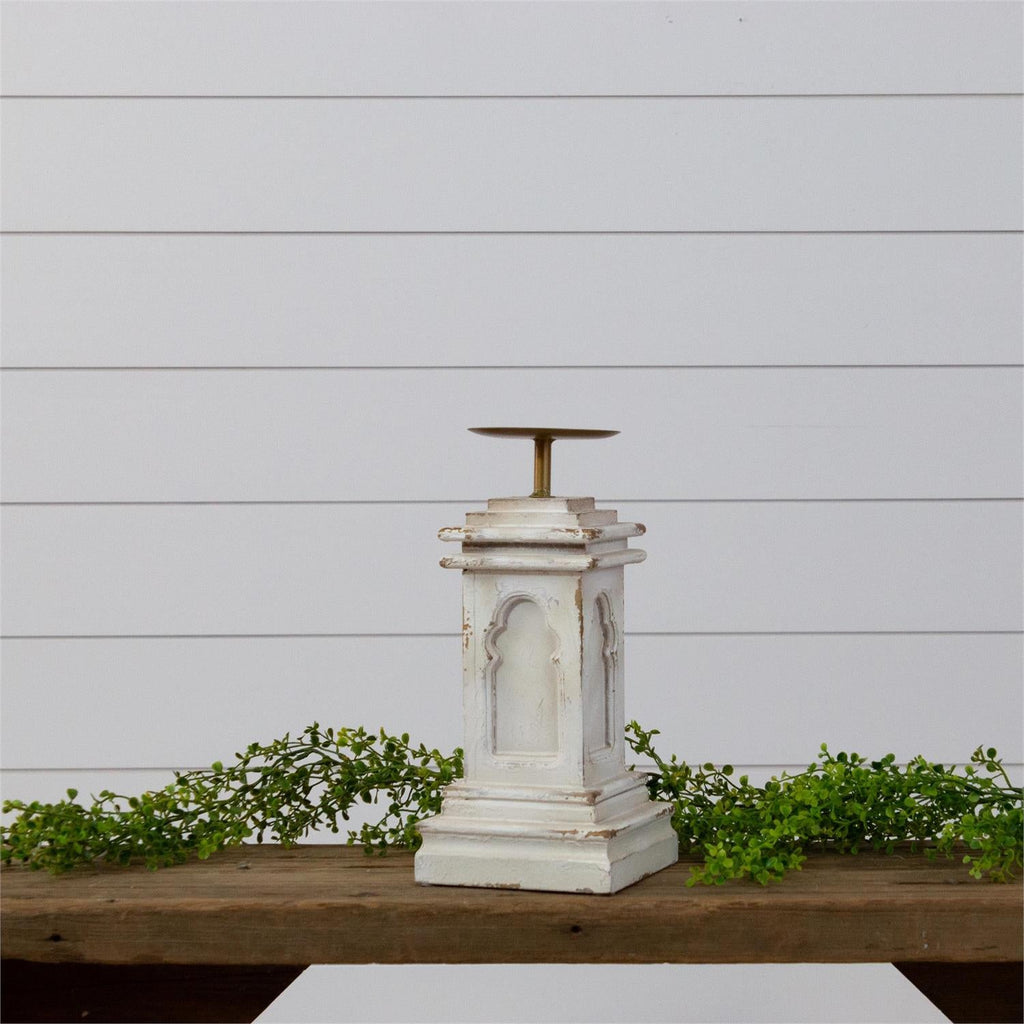 Distressed White Wooden Pillar Candle Holder | 2 Sizes