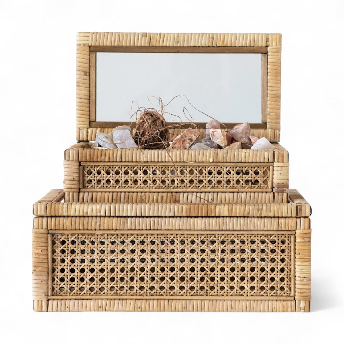 Woven Rattan Wood Display Boxes with Glass Lid | 2 Sizes