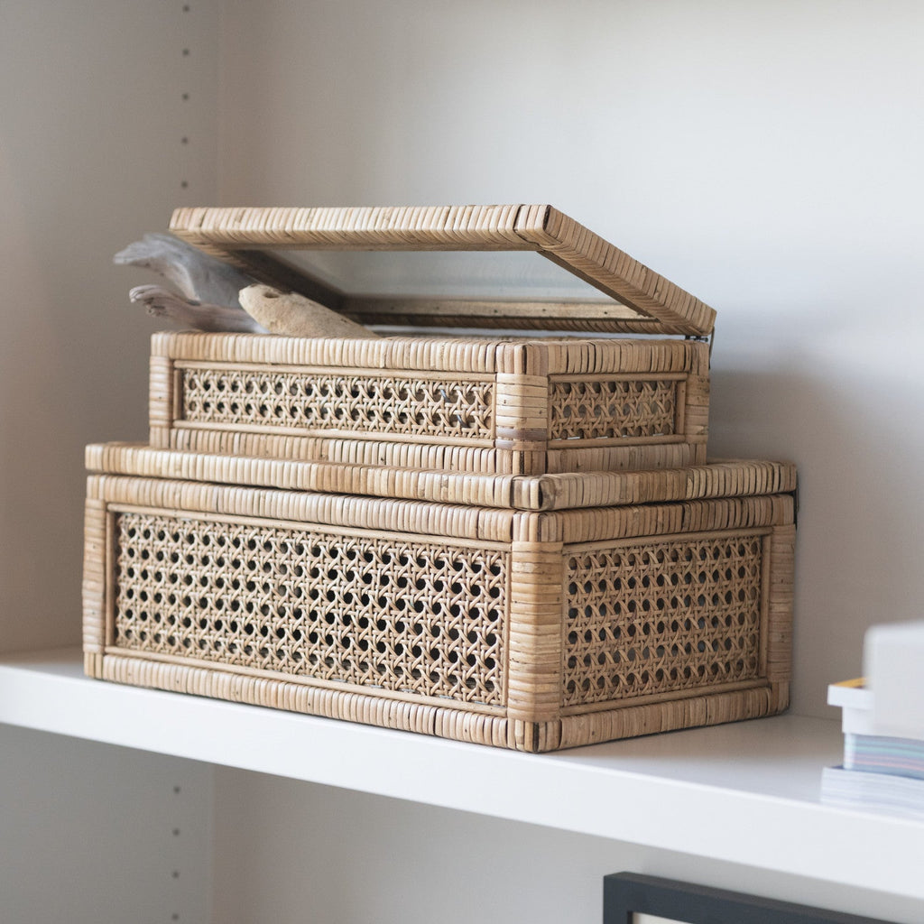 Woven Rattan Wood Display Boxes with Glass Lid | 2 Sizes
