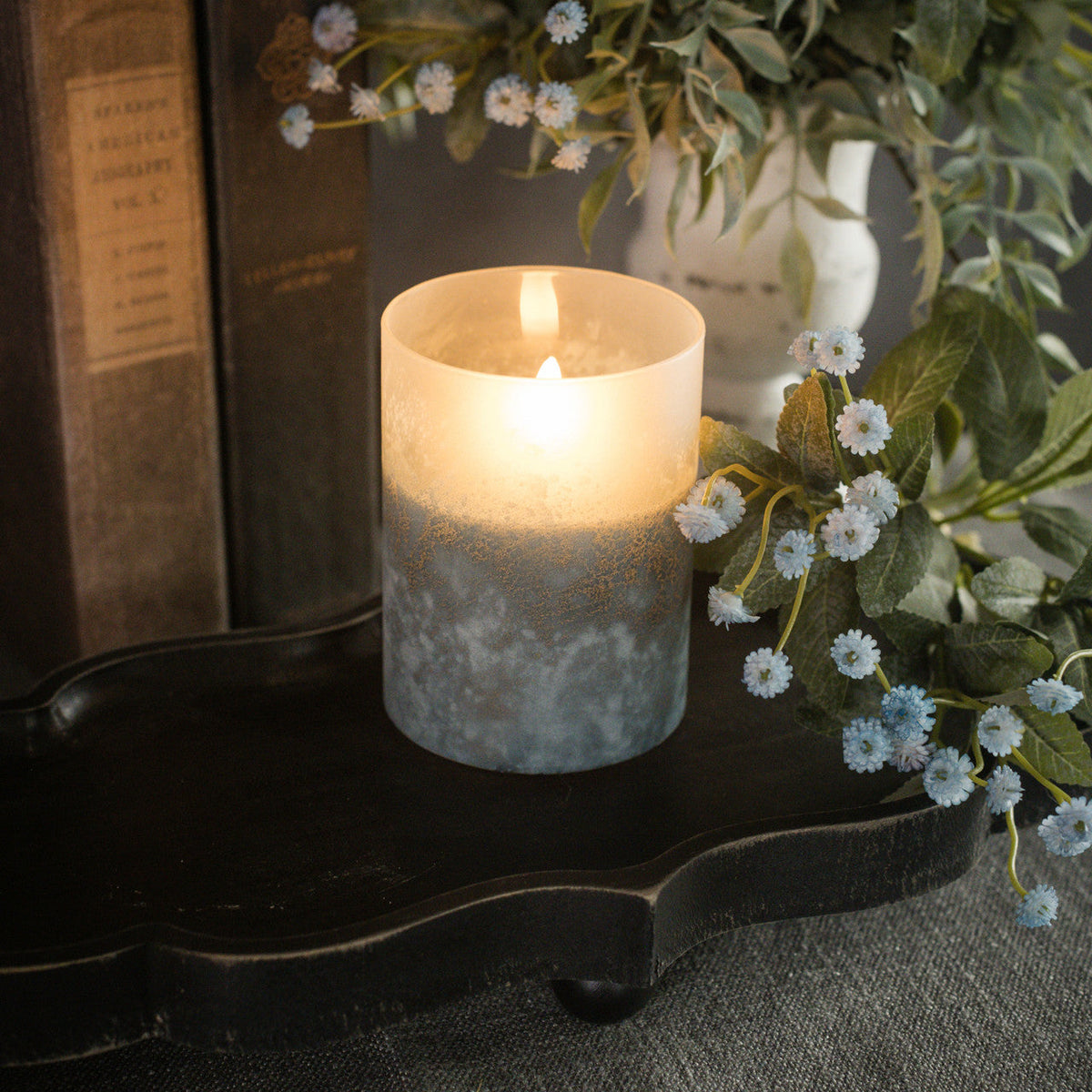 Blue Frosted Glass LED Flickering Flame Candle | 3 Sizes