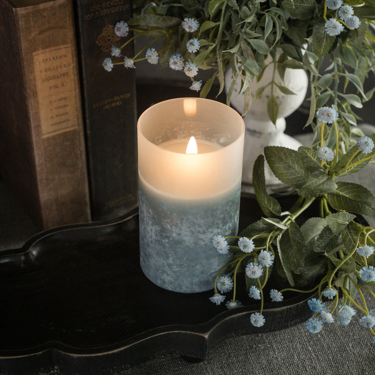 Blue Frosted Glass LED Flickering Flame Candle | 3 Sizes
