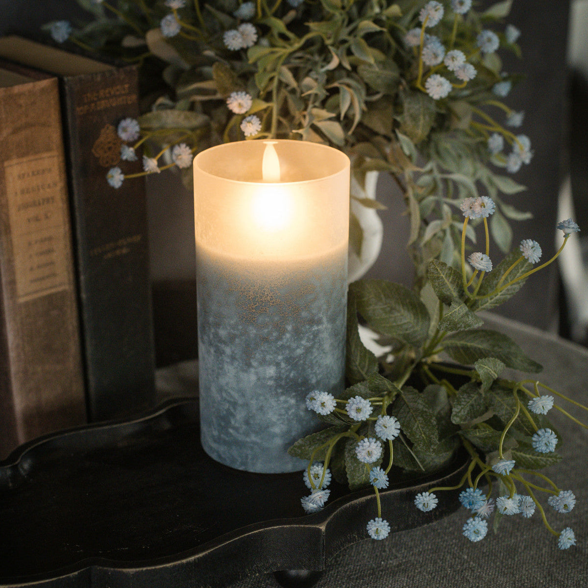 Blue Frosted Glass LED Flickering Flame Candle | 3 Sizes