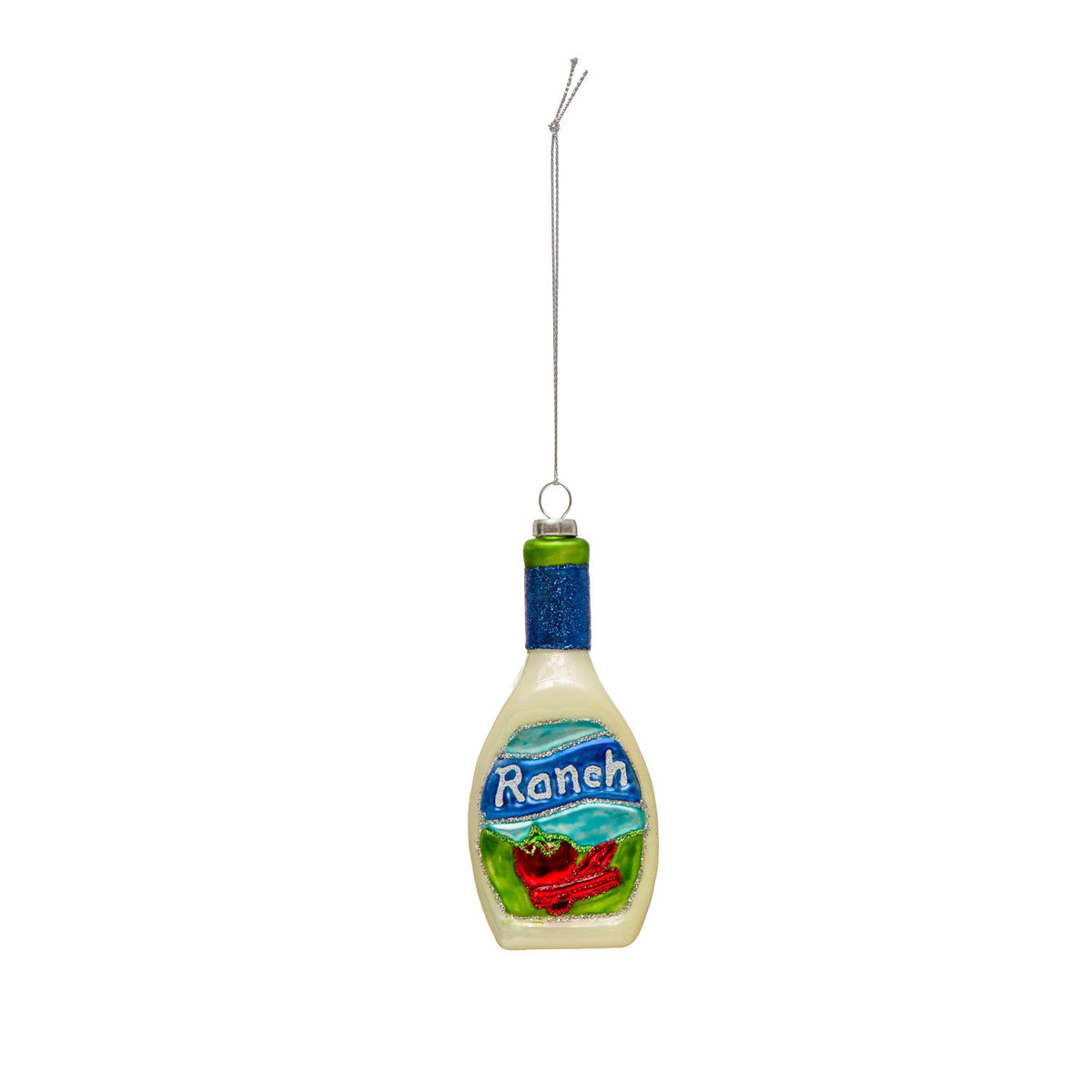 Hand-Painted Glass Ranch Dressing Bottle Ornament with Glitter