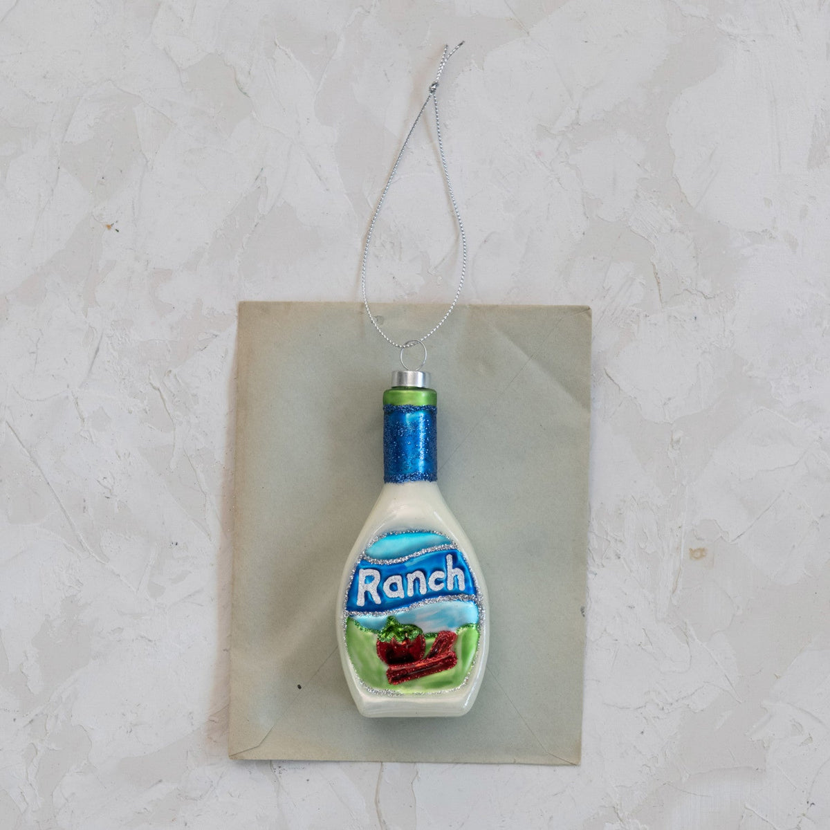 Hand-Painted Glass Ranch Dressing Bottle Ornament with Glitter