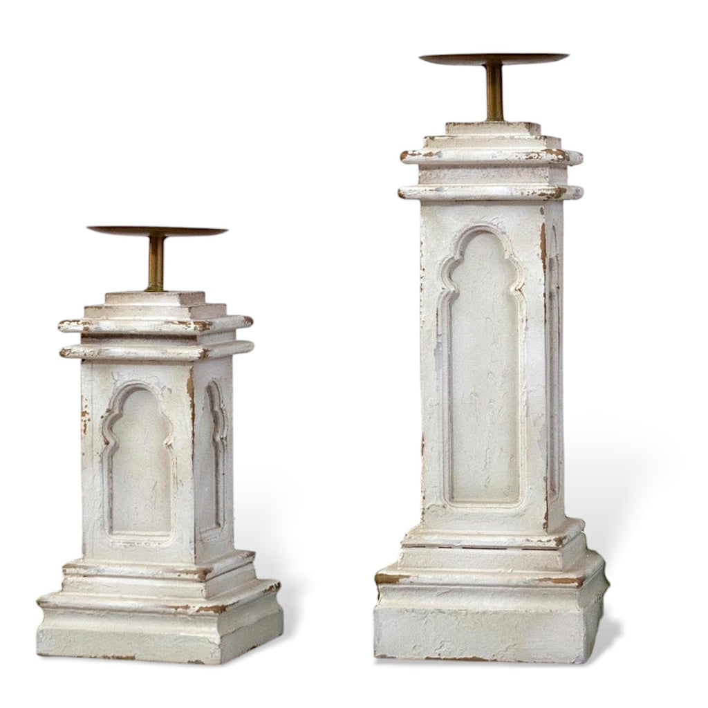 Distressed White Wooden Pillar Candle Holder | 2 Sizes