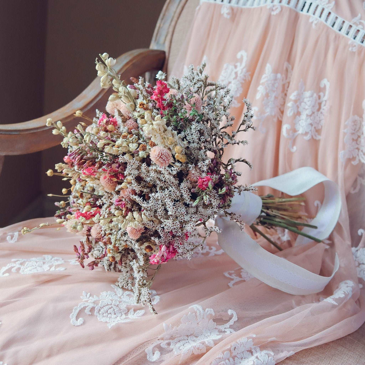 Pink Larkspur & Gomphrena Dried Bouquets & Wedding Accessories