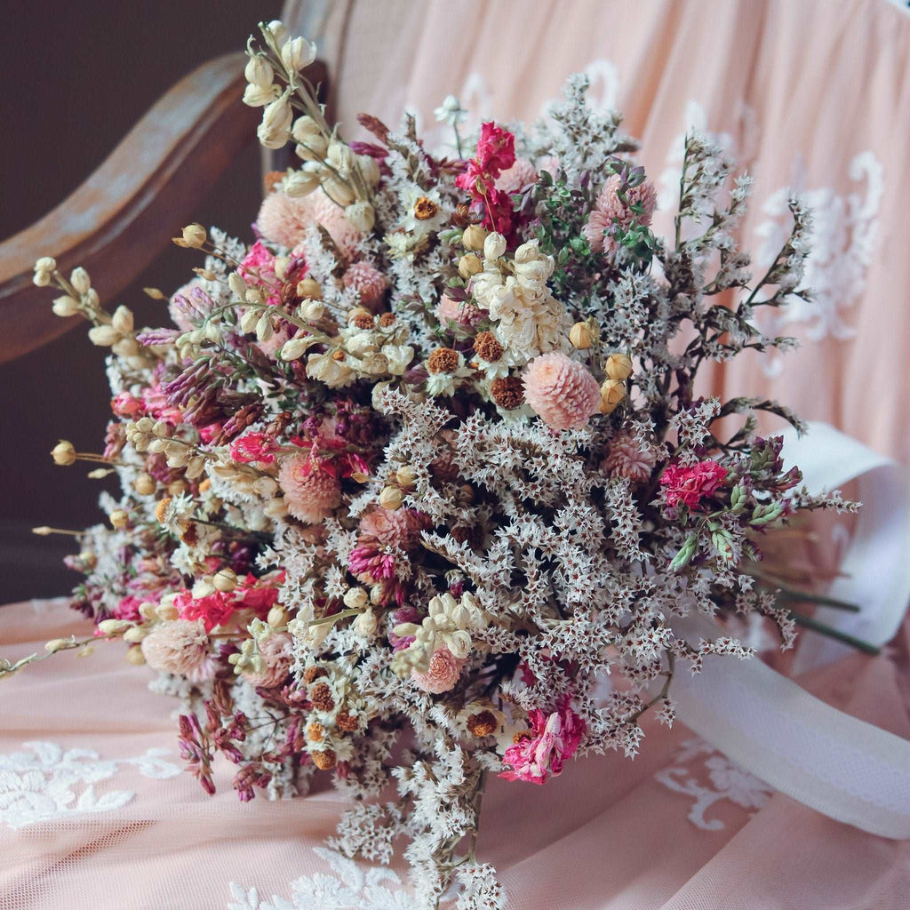 Pink Larkspur & Gomphrena Dried Bouquets & Wedding Accessories