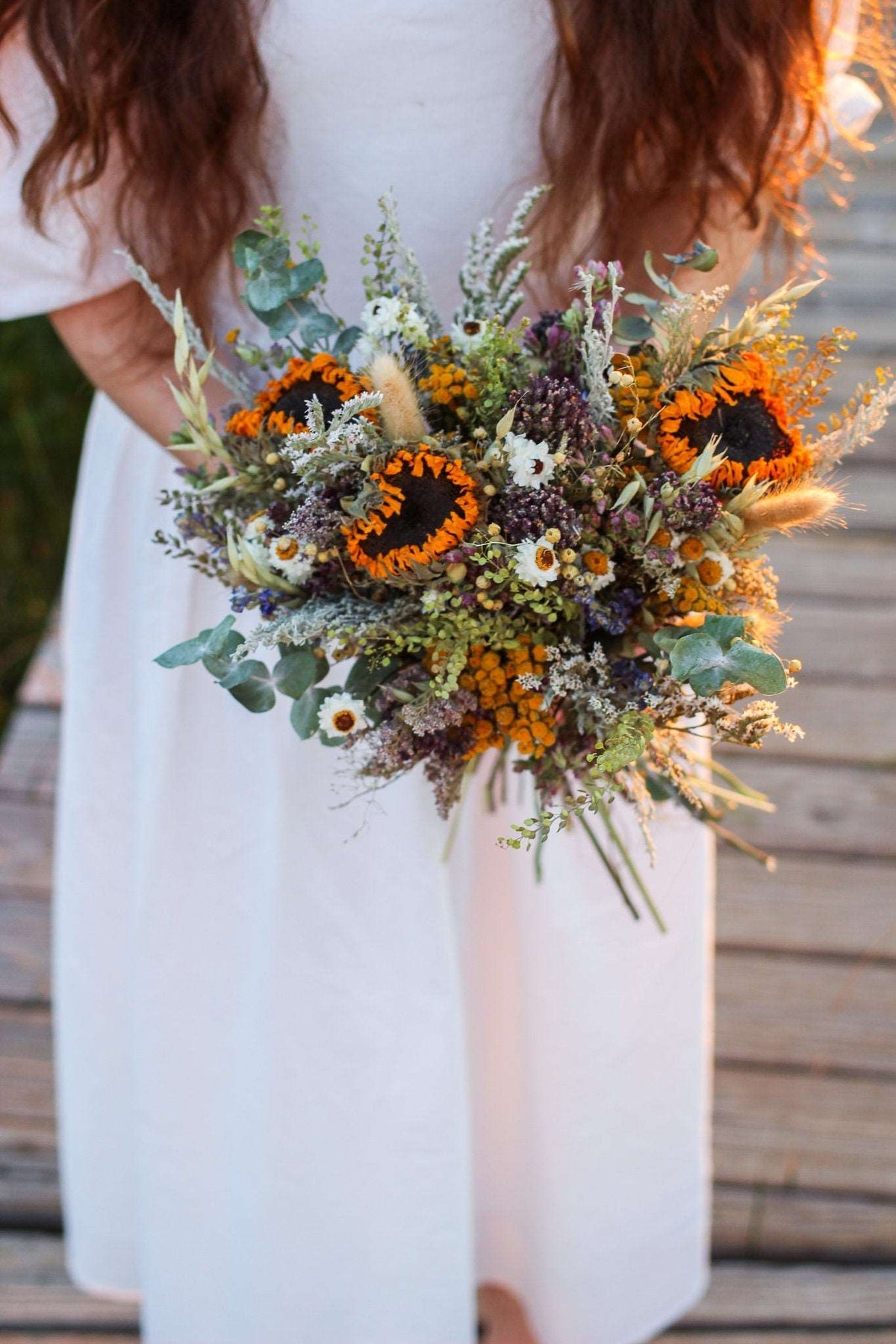 Sunflower & Eucalyptus Dried Bouquets & Wedding Accessories