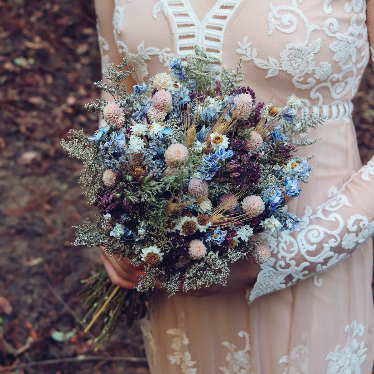 Blue Lavender & Wheat Dried Bouquets & Flower Crowns