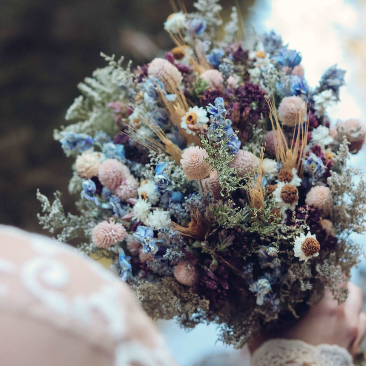 Blue Lavender & Wheat Dried Bouquets & Flower Crowns