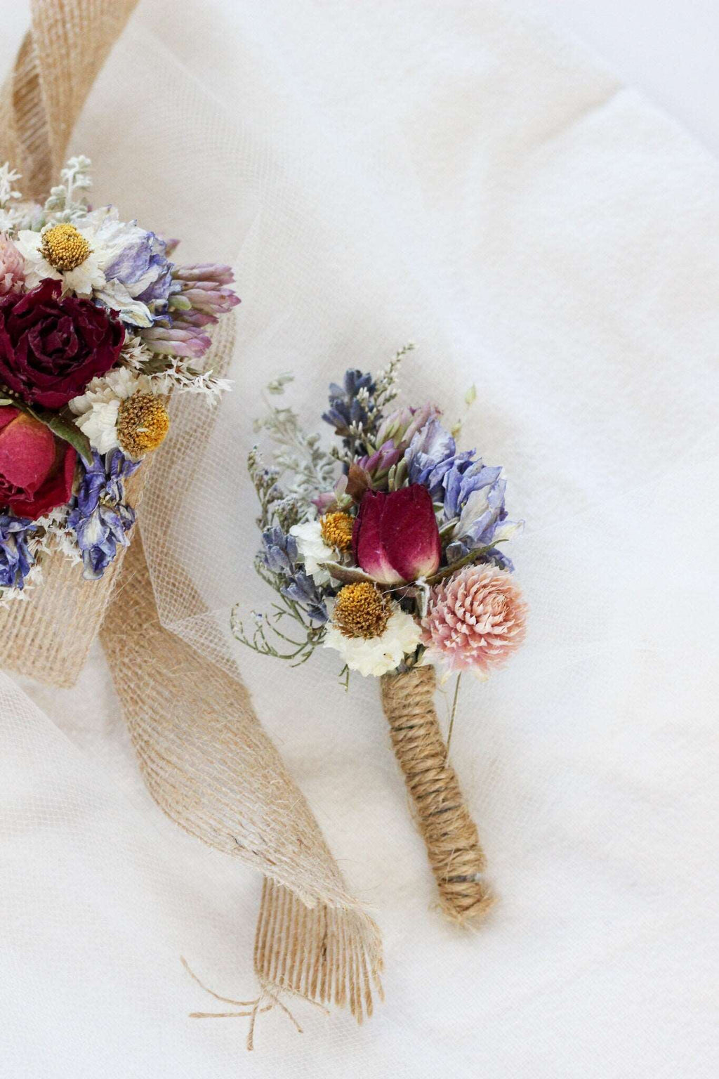 Red Rose & Blue Lavender Dried Bouquets & Boutonnieres