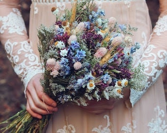 Blue Lavender & Wheat Dried Bouquets & Flower Crowns